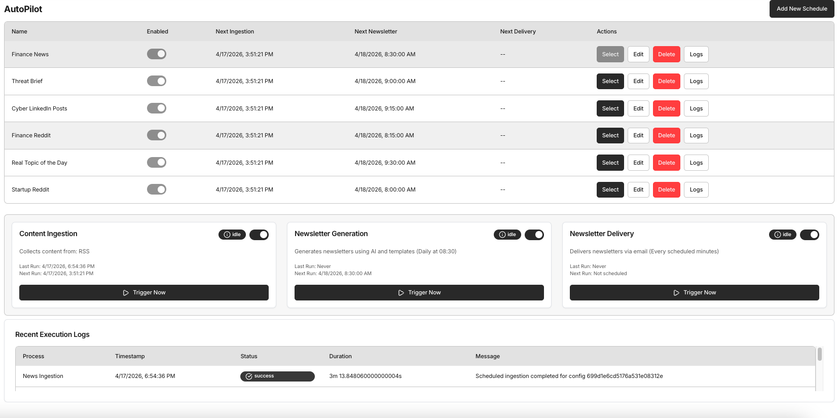 Daily Brew AutoPilot – scheduled newsletter pipeline showing ingestion, generation, and delivery status with last run and next run visibility
