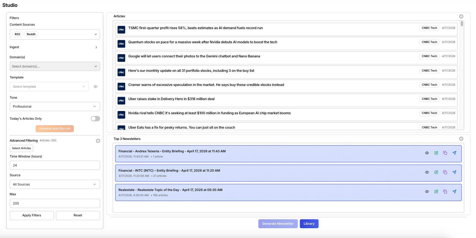 Daily Brew Studio – on-demand newsletter composition view with source selection, time window filters, template picker, and generate controls