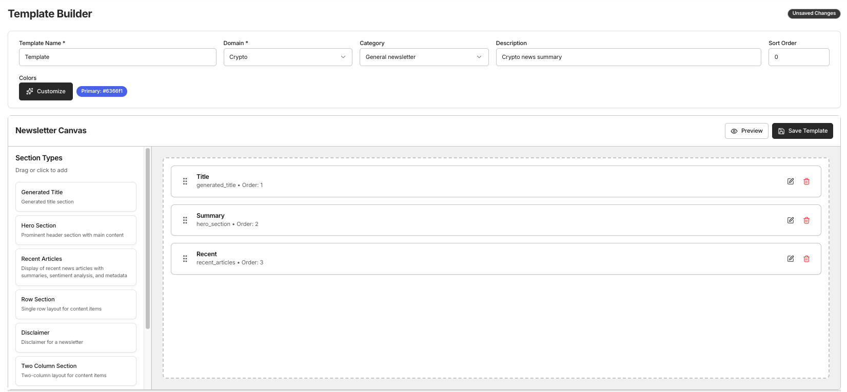 Daily Brew Template Builder – reusable newsletter template editor with section layout, custom LLM prompt authoring, and formatting controls