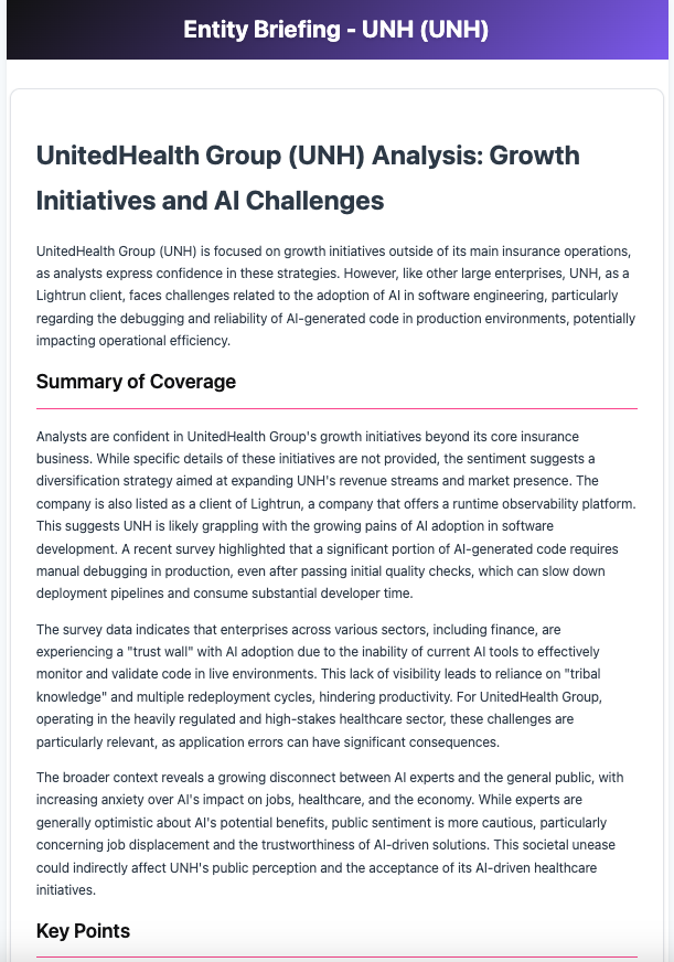Daily Brew generated entity brief – page 1 of a company research report with synthesis and source references