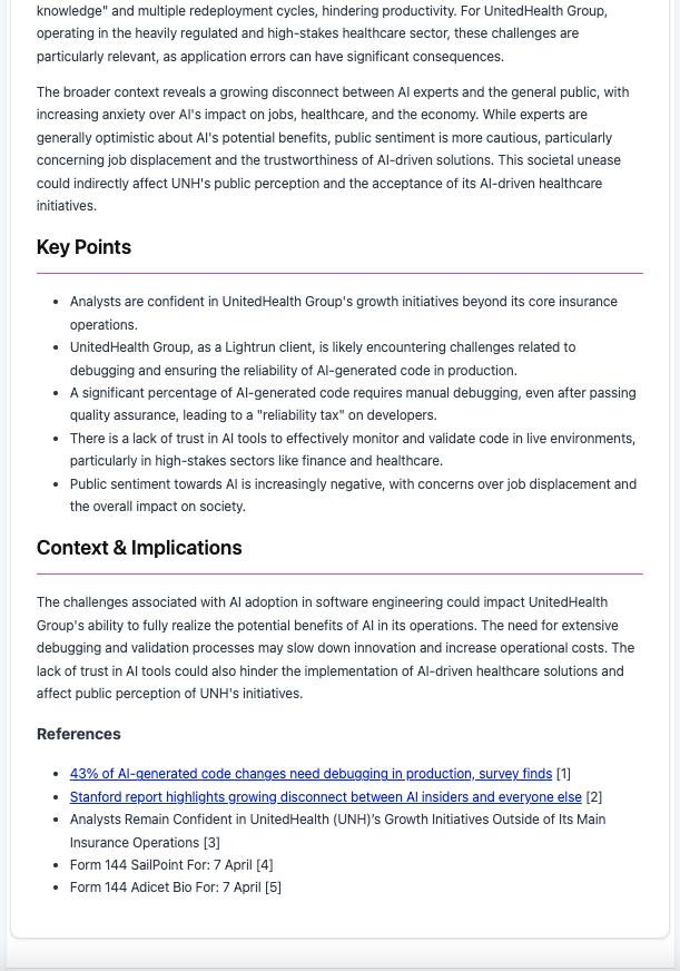 Daily Brew generated entity brief – page 2 continuing the same report, showing continuity of argument and references