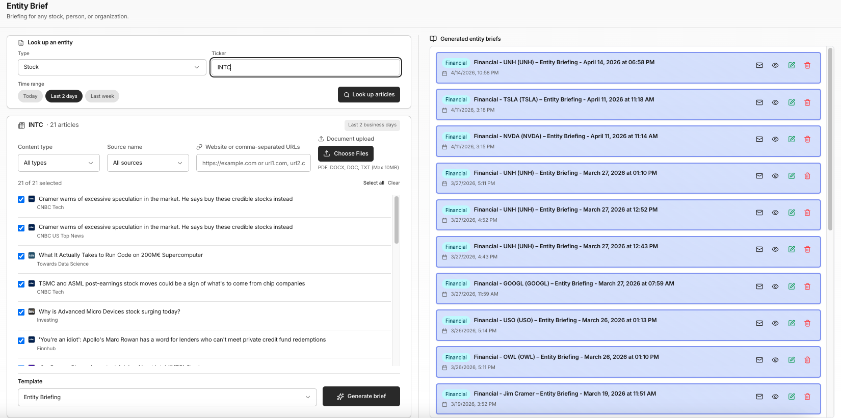 Daily Brew Entity Brief Builder – entity search, source selection, and date filtering view